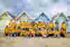 A large group of young adults all wearing yellow hoodies are posing on a sandy beach in front of a row of colourful beach huts. Some of the people have their arms around each other's shoulders, some are kneeling on the sand. They are all looking very happy